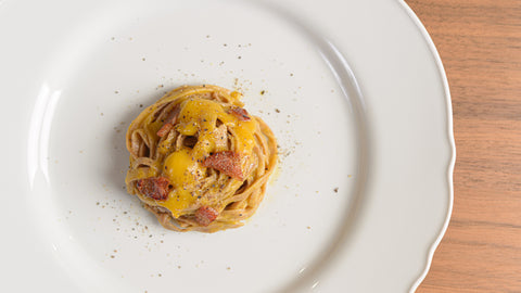 Tagliatelle di farro bio con crema di zucca e guanciale